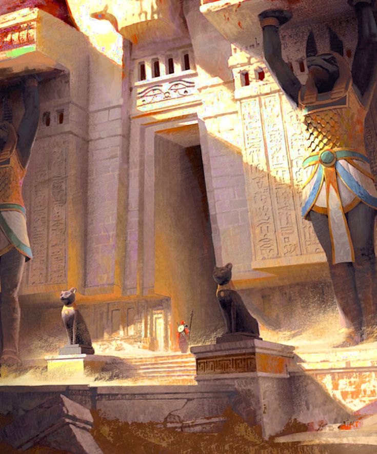 an egyptian scene with statues and ancient architecture