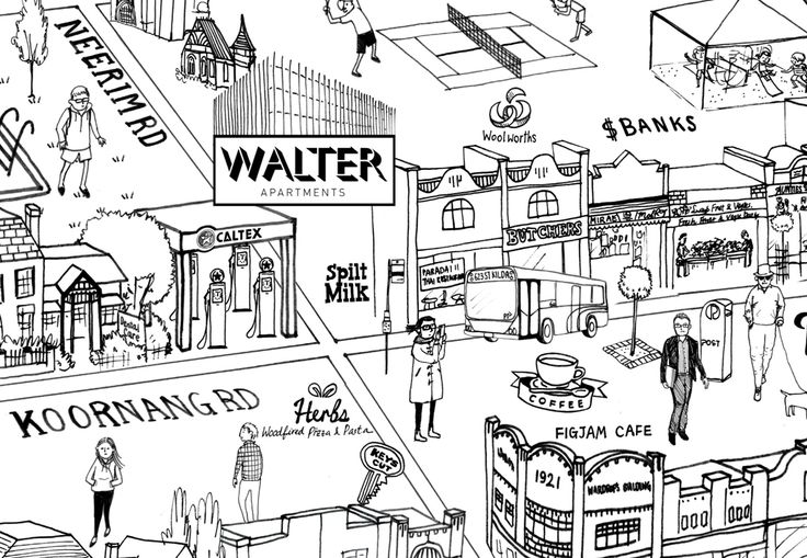 a black and white drawing of a city with people walking around the buildings, shops, and stores