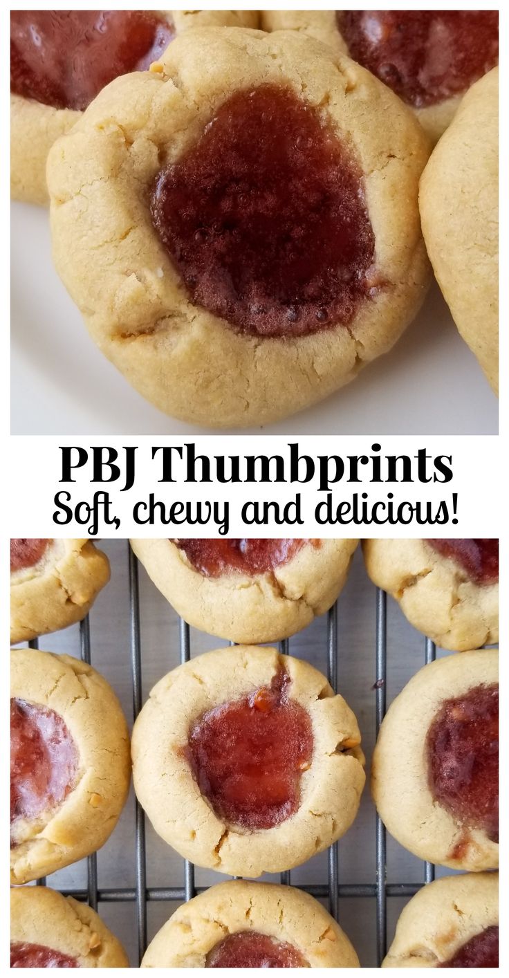 strawberry shortbread cookies with peanut butter and jelly filling on the top are shown here