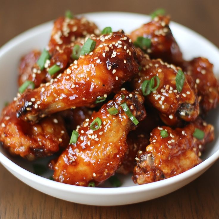 a white bowl filled with chicken wings covered in sesame seeds and green garnish