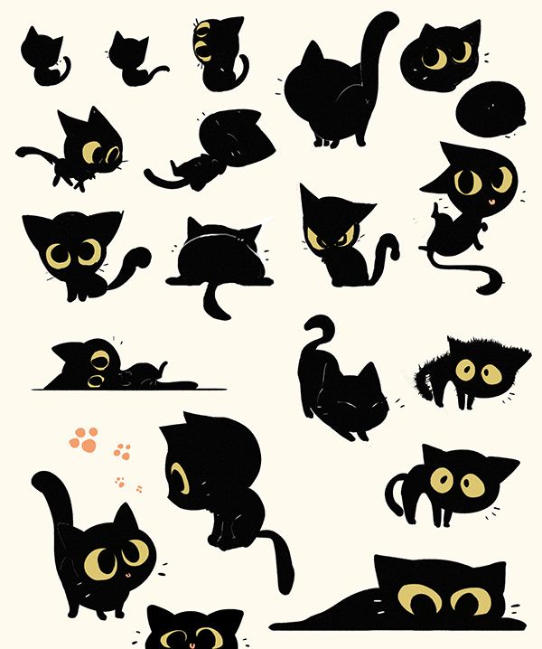 black cats with yellow eyes and tails are shown in various positions, including one cat's head