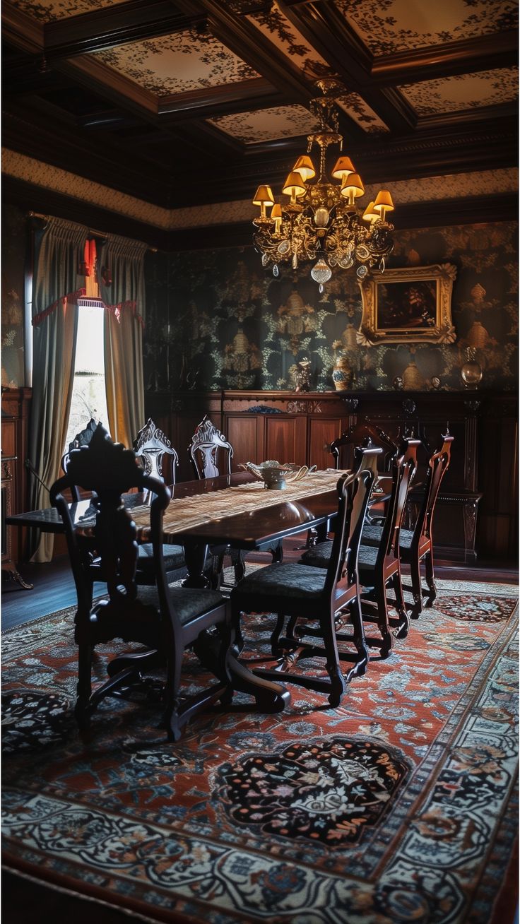 Featuring a patterned area rug, this Victorian dining room is anchored by its intricate design. The rug adds visual interest and ties the room together, enhancing the overall aesthetic with its rich colors and textures. Victorian Kitchen Table, Gothic Farmhouse Dining Room, Dark Victorian Dining Room, Moody Boho Dining Room, Rich Dining Room, Victorian Dining Rooms, Fantasy Dining Room, Dark Academia Dining Room, Victorian Dining Room Ideas