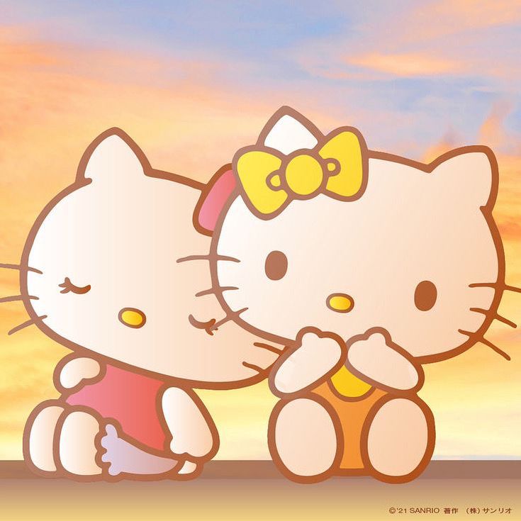 an image of two hello kitty characters in front of a sunset background with sky and clouds