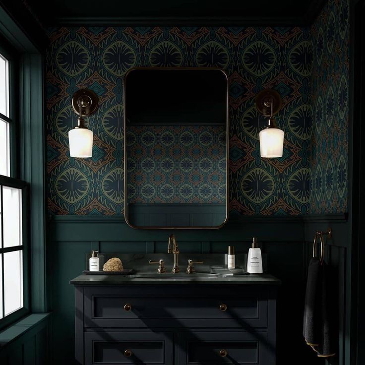 a bathroom with dark green walls and wallpaper, along with a double sink vanity