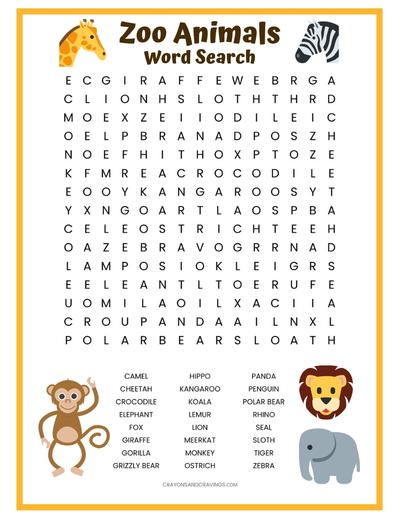 the zoo animals word search is shown