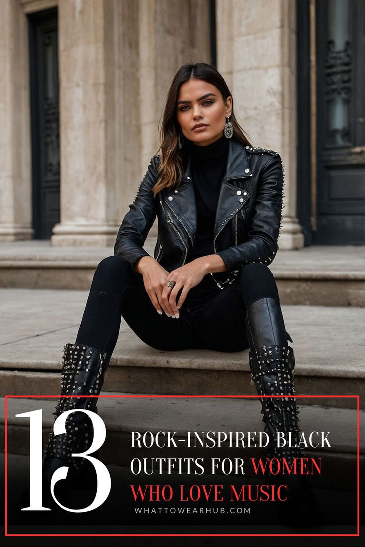 Embrace your inner rock star with these 13 ultimate black outfit ideas! Each look is crafted for women who live for music and style, including edgy jackets, chic black skirts, and daring accessories. Perfect for rocking any concert or night out. #RockStarStyle #AllBlackOutfits Punk Going Out Outfits, Rock Outfit Ideas For Women, 90s Grunge Rock Outfit, Outfit For A Rock Concert, Corporate Rock Outfits, Moto Style Women Outfits, Rock N Roll Wedding Guest Outfit, Rockstar Outfit Women, Edgy Sophisticated Style