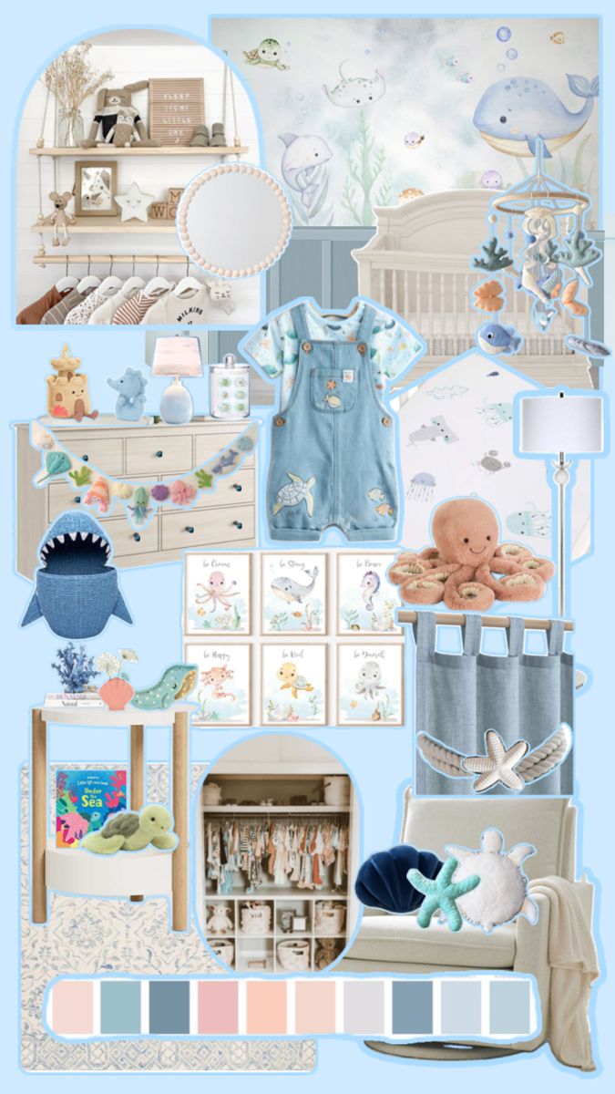 a baby's room is shown in blue and white