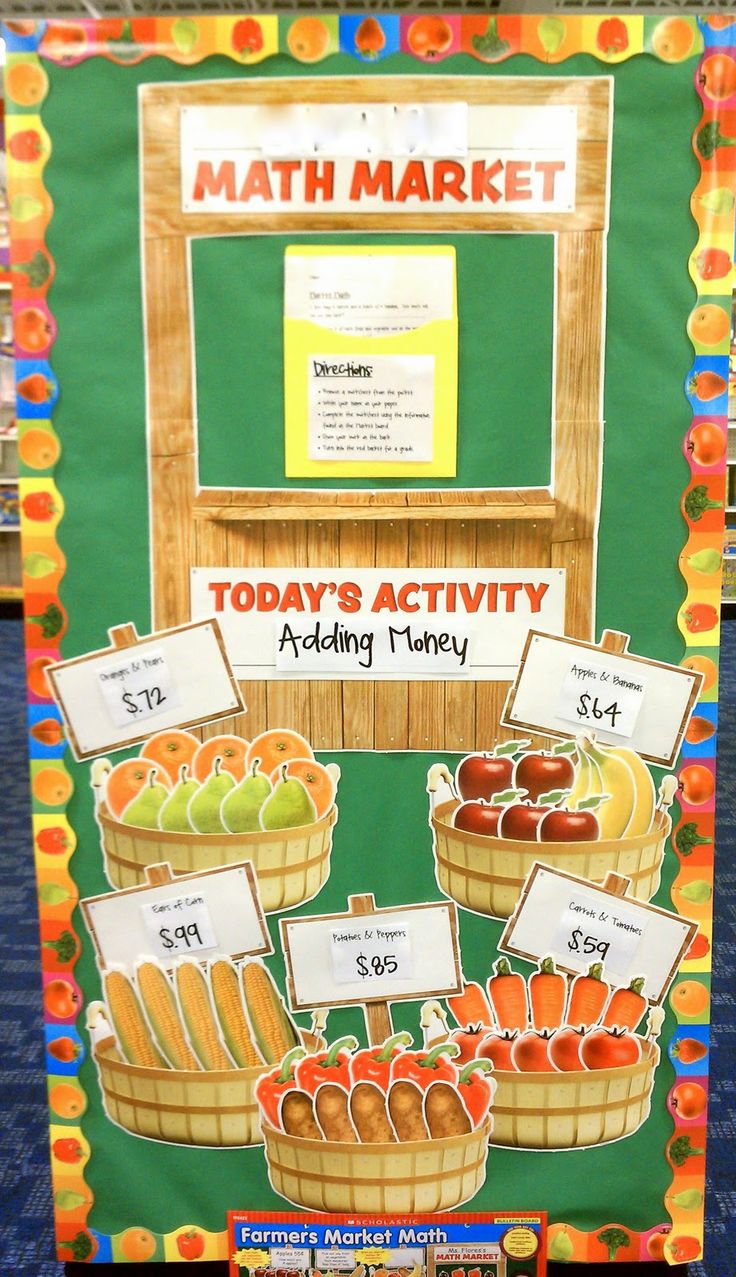 a bulletin board with apples, oranges and bananas on it that says math market today's activity