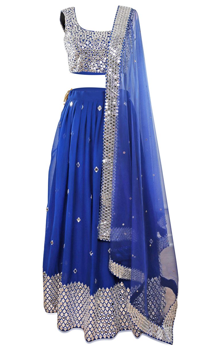 Deep blue lehenga covered in stunning mirror work with a matching blouse Plain Half Saree, Designer Wear Royal Blue Sharara For Festivals, Royal Blue Sharara For Festivals And Designer Wear, Royal Blue Sharara For Festivals Designer Wear, Royal Blue Designer Wear Sharara For Festivals, Traditional Blue Sequin Choli, Designer Blue Sequined Sharara, Blue Sequined Lehenga For Festive Occasions, Festive Blue Sequined Lehenga