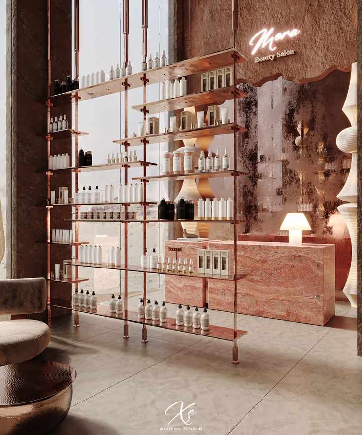 a large display case with bottles on it in a room next to a chair and table