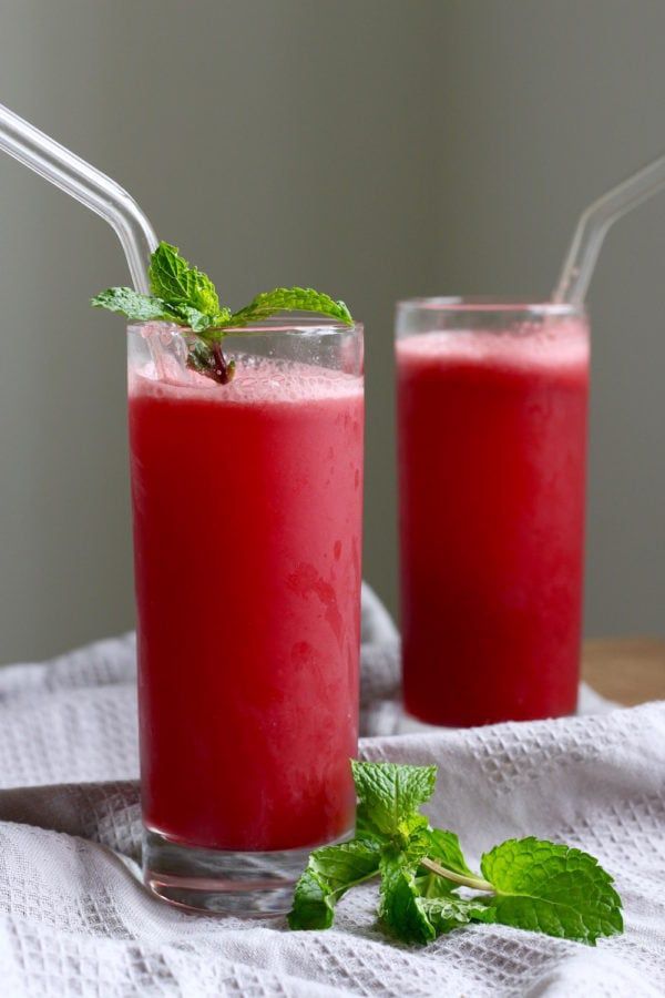 two glasses filled with watermelon and mint juice