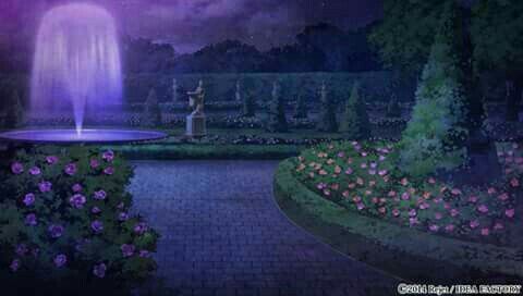 a painting of a garden with flowers and a fountain in the background at night time