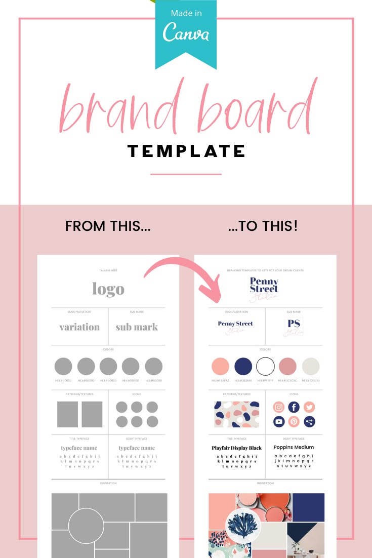 the brand board template is shown in pink, blue and white with an arrow pointing to it