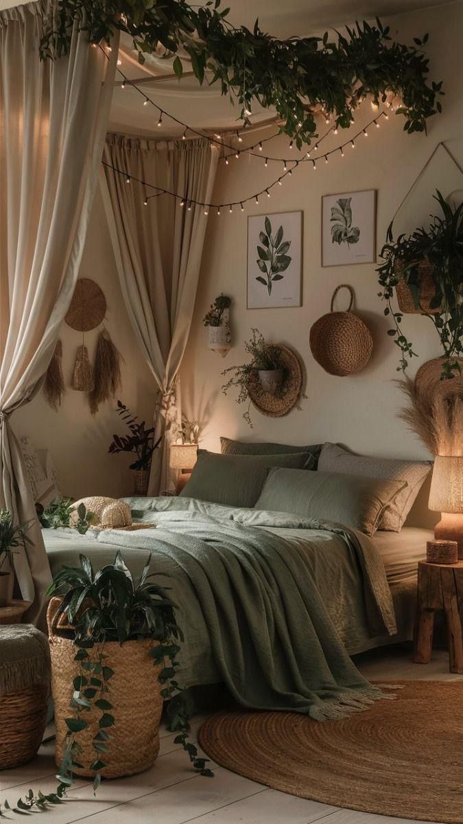 a bed room with a neatly made bed and lots of plants