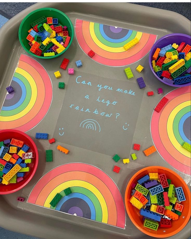 a tray with legos on it that says can you make a lego rainbow?