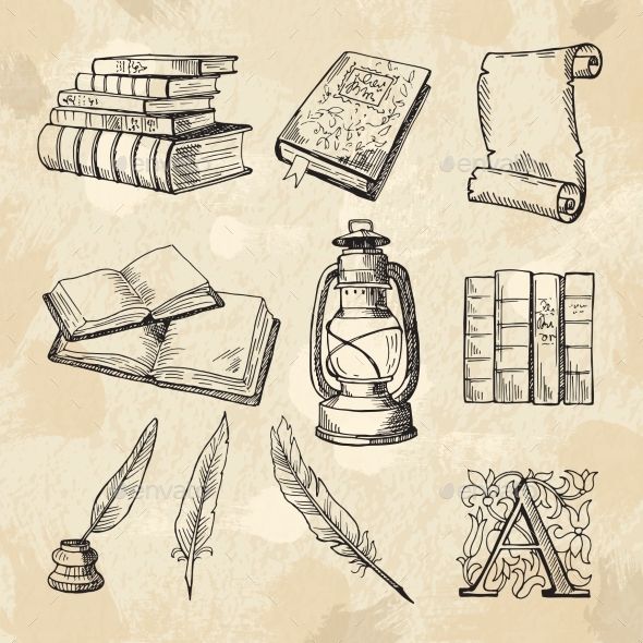 hand drawn books and quill set on old paper background - miscellaneous objects / arts & crafts