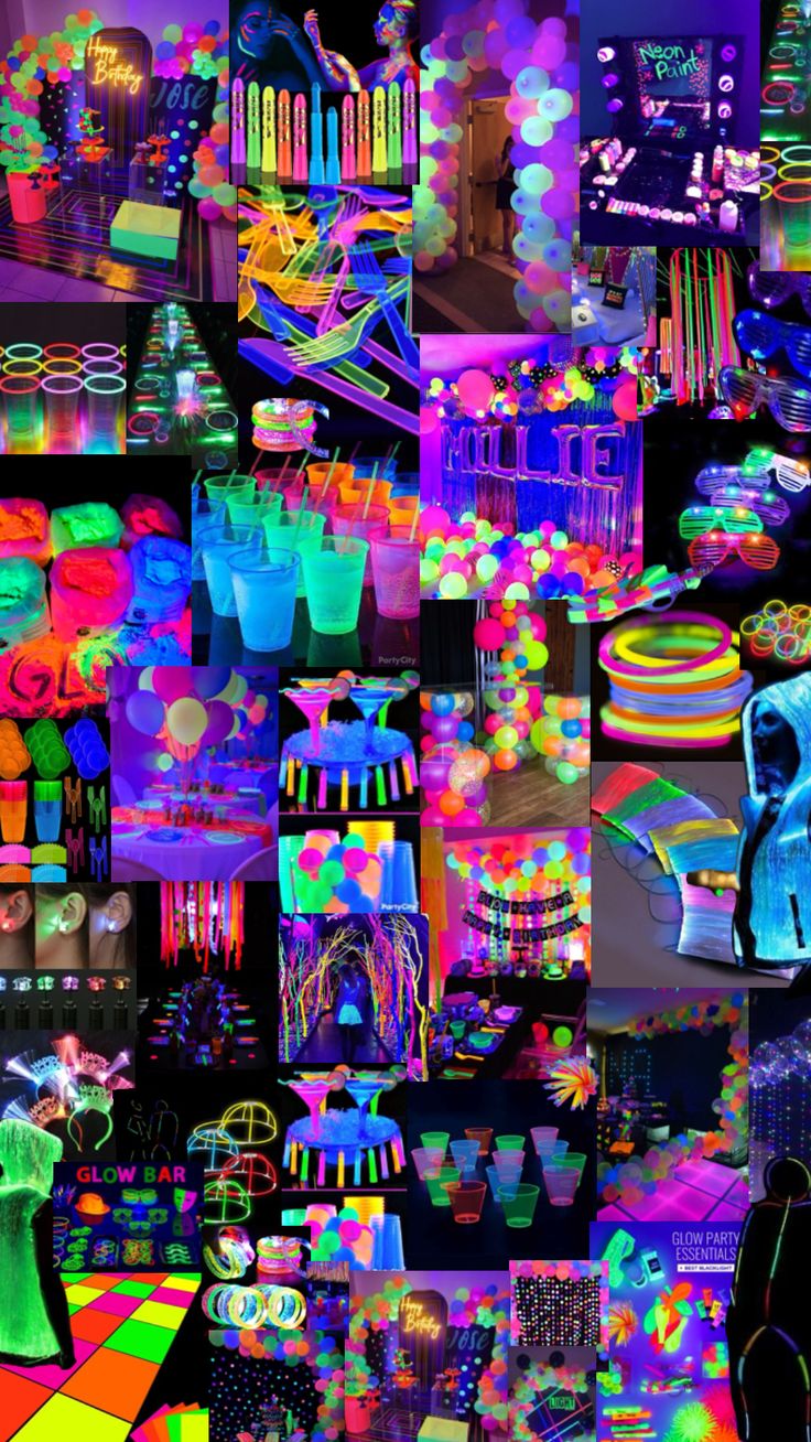 a collage of neon colored images with different shapes and colors in the background, including cupcakes