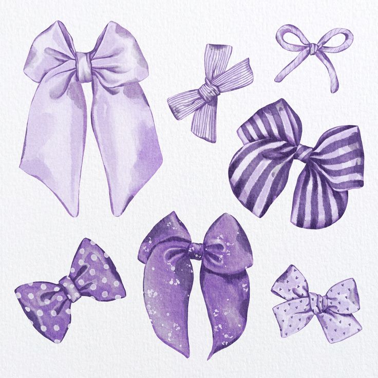 four different bows are shown in purple and white colors on a white paper background with watercolor pencils