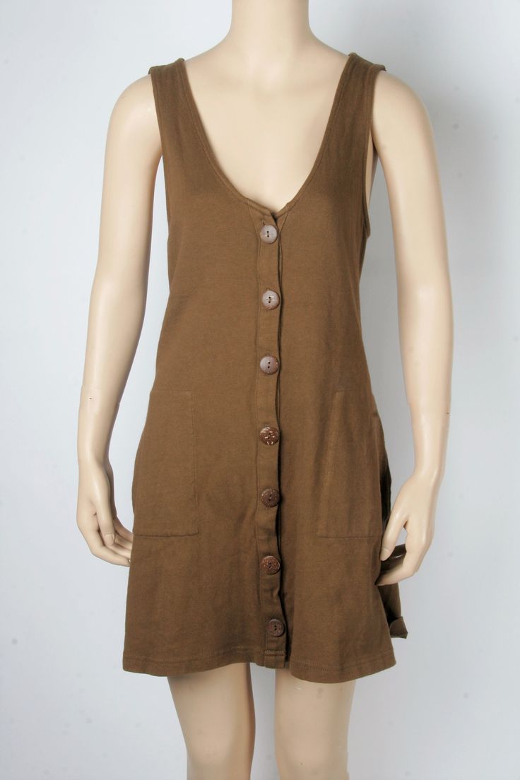 New With Tags Size: Small Color: Army (Brown) Front Button Closure Hip Pockets Dropped Armholes Low Strappy Back Detail Length: 32.5 in Bust: 34 in. Waist: 33.5 in Original Retail $78 100% Cotton Brown Buttoned Summer Dresses, Brown Summer Dresses With Buttons, Casual Mini Dress With Buttons For Vacation, Brown Mini Dress For Daywear, Brown Sleeveless Cotton Mini Dress, Brown V-neck Mini Dress With Buttons, Brown Button Closure Beach Dress, Brown Sleeveless Dress With Buttons, Brown Mini Dress With Buttons For Spring