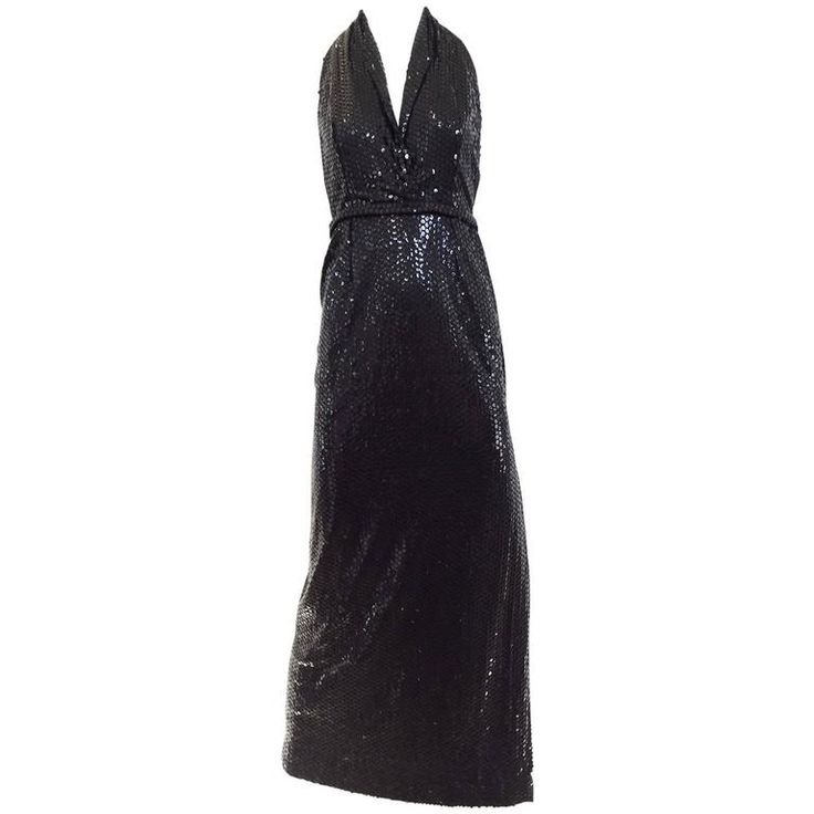 1970s Cyreld - paris black sequin halter dress with side slit. Bust: 32"/ Waist: 22" / Hip: 34" Sequin Halter Dress, Cocktail Dress Vintage, Evening Gown Dresses, Designer Evening Dresses, Black Sequins, Black Silk, Halter Formal Dress, Evening Gown, Clothing Patterns