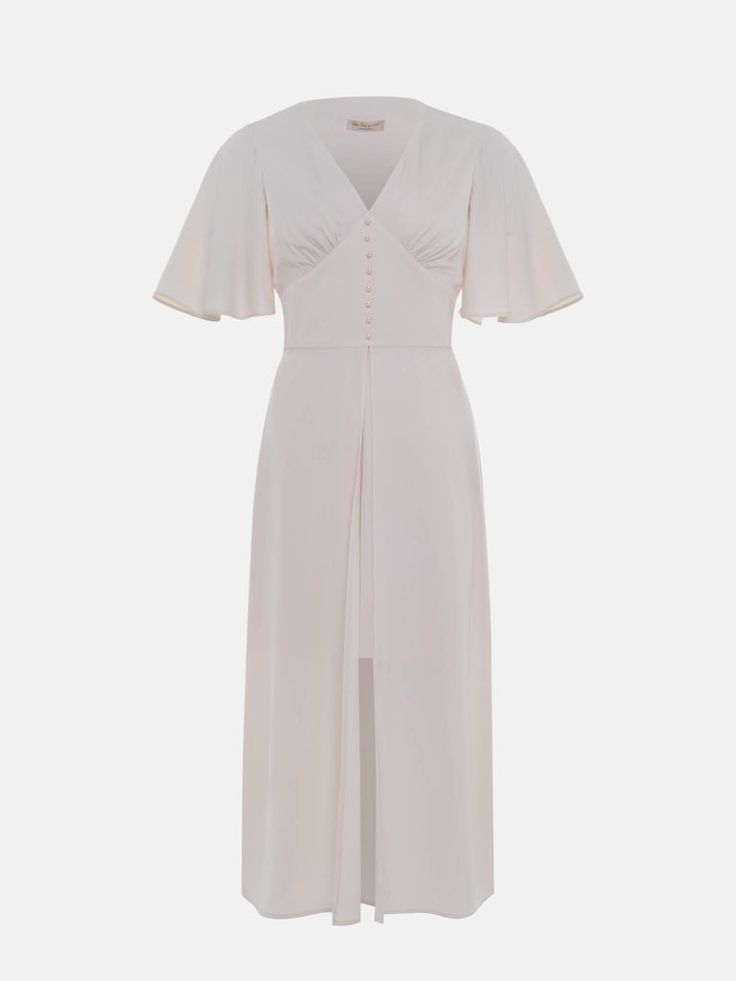 LICHI - Online fashion store :: Clothing White Short Sleeve Midi Dress With Buttons, Elegant A-line Midi Dress With Button Closure, Luxury White Midi Dress With Button Closure, Dress With A Train, Chic Off-white Long Sleeve Midi Dress, White A-line Midi Dress With Button Closure, Boho Goth, Online Fashion Store, Lightweight Shorts