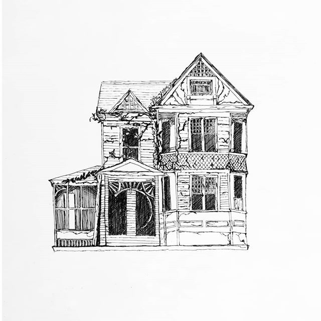 an ink drawing of a house with a porch and two stories on the second story