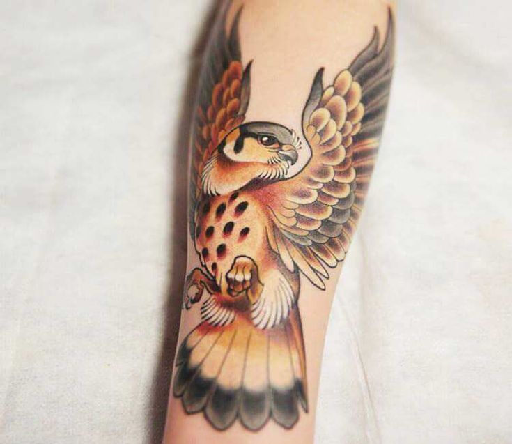 an owl tattoo is shown on the arm