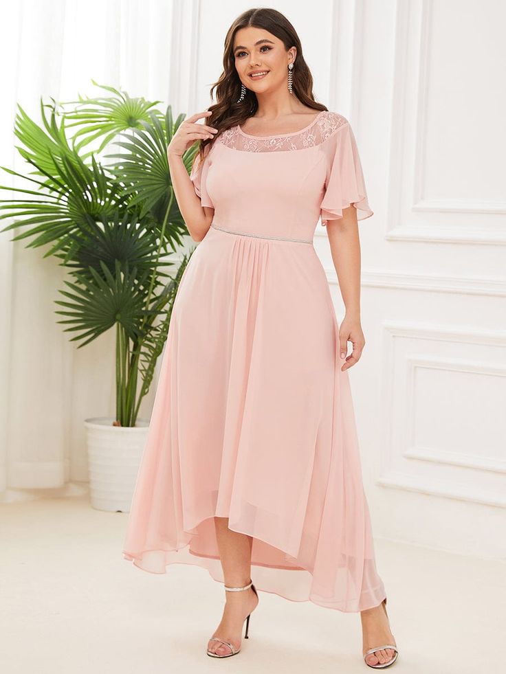 Please note that the product is high-low style.The hollow to hem length you fill in is the front length. The back length will be adjusted according to the style by us. Look like a modern cinderella in this elegant dress. It features flare sleeves and round neck. The asymmetrical hem and A-line silhouette make the wearer look amazing. By wearing this elegant dress, you will surely become the talk of the town. This dress can easily be coordinated with silver, black and golden accessories. We think this gorgeous dress is perfect for all formal occasions, from evening party, cocktail, weddings to prom, homecoming, and graduation!  Fit: Please refer to Size Chart. Length: Midi length/High-low. Closure: It is Concealed a Zipper Up The Back. Undergarments: It is Padded, with Lining. Fabric: Shell Plus Size Summer Dresses For Wedding Guest, Wedding Outfit Plus Size, Plus Size Formal Dresses For Wedding, Plus Size Special Occasion Dresses, Cinderella Inspired Dress, Mother Movie, Dress For Plus Size Women, Wedding Invatations, Dress For Plus Size