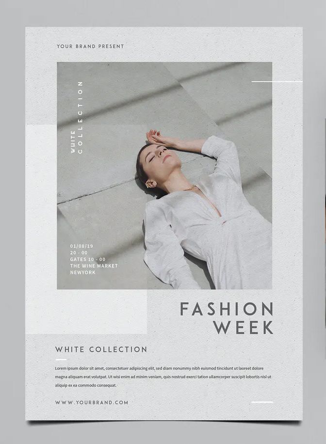 the fashion week flyer is displayed on a gray background