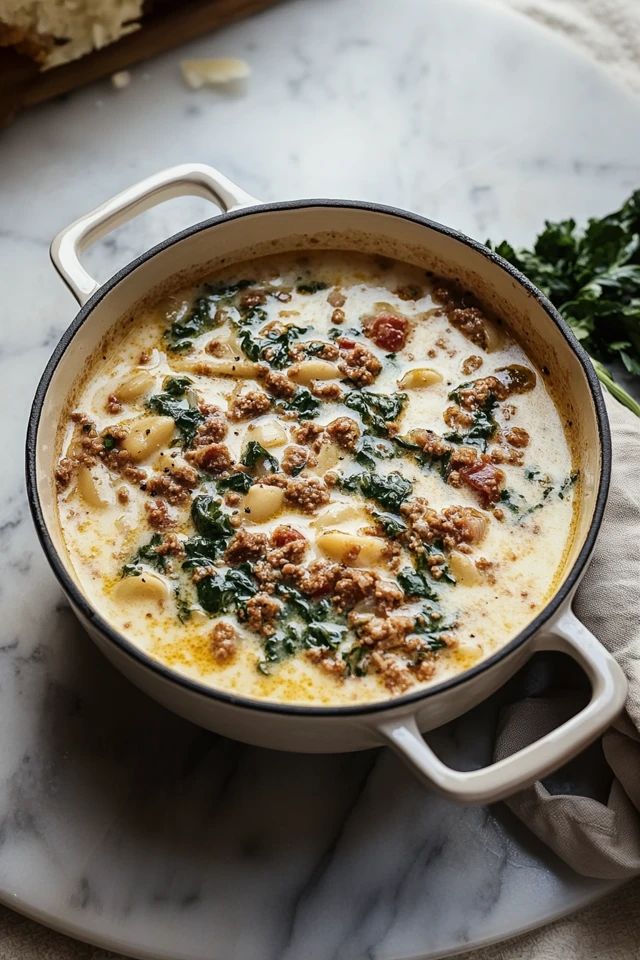 a white bowl filled with soup on top of a marble counter next to bread and parsley