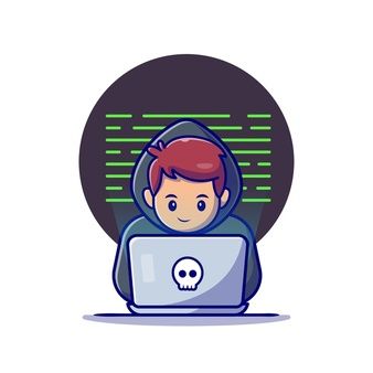 a man sitting in front of a laptop with a skull on the screen