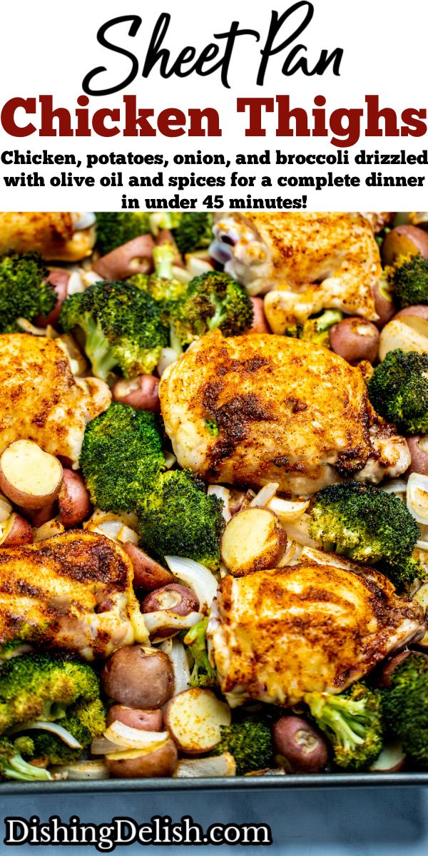 chicken thighs with broccoli, onions and potatoes on a sheet pan for dinner