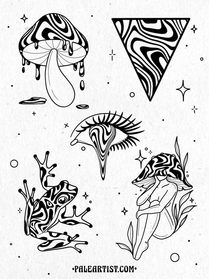 four different tattoo designs on white paper with black ink and some stars in the background