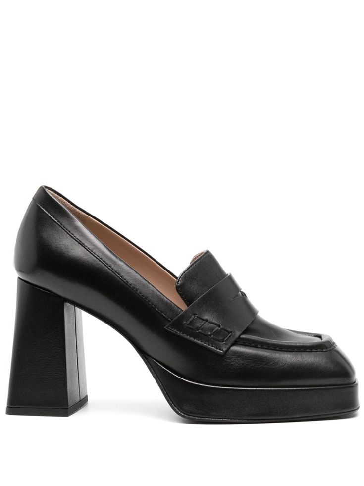 black calf leather smooth grain tonal stitching square toe penny slot slip-on style 90mm block heel branded leather insole leather lining Loafer Pumps, Square Toe Shoes, Pink Pumps, Satin Pumps, White Pumps, Stiletto Pumps, Suede Pumps, Black Pumps, Leather Pumps