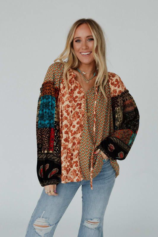 Aegina Printed Top - Camel | Three Bird Nest Fall Bohemian V-neck Blouse, Multicolor V-neck Peasant Top For Festival, Bohemian V-neck Peasant Top With Floral Print, Bohemian V-neck Top With Boho Print, Free-spirited Cotton Top For Spring, Bohemian Flowy V-neck Top, Bohemian V-neck Rayon Peasant Top, Bohemian V-neck Blouse For Day Out, Summer Bohemian V-neck Blouse