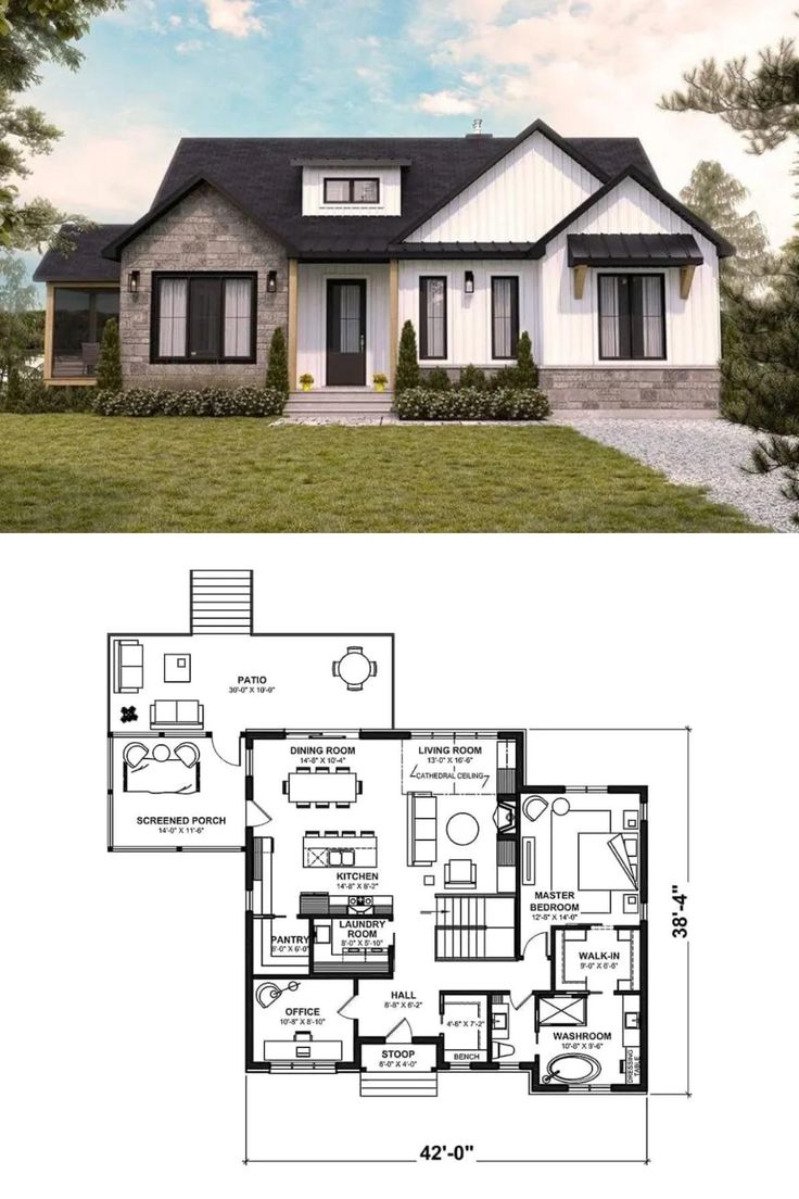 4-Bedroom Single-Story Muskoka Ranch-Style House Plan for a Sloped Lot with Open Concept Living One Story House Plans Bloxburg, Single Story House Floor Plans, Sims 4 Houses Layout, Modern House Floor Plans, Small House Layout, Sims 4 House Plans, Sims 4 House Building, Ranch House Plan, 4 Bedroom House Plans