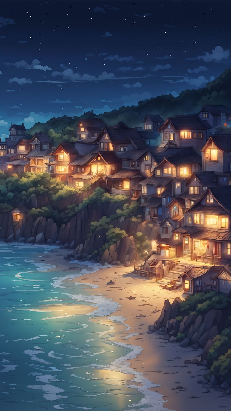 an image of a beach at night with houses on the shore