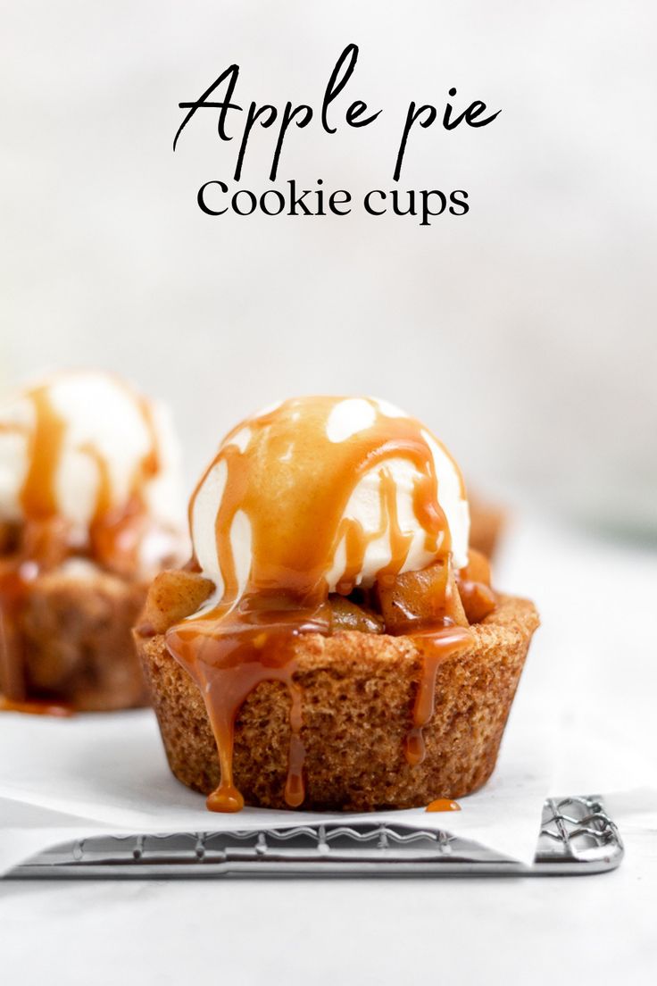 apple pie cookie cups with caramel drizzle on top