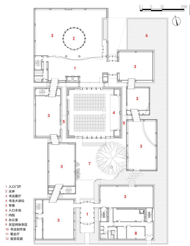 an architectural drawing shows the floor plan for a building with several rooms and two courtyards