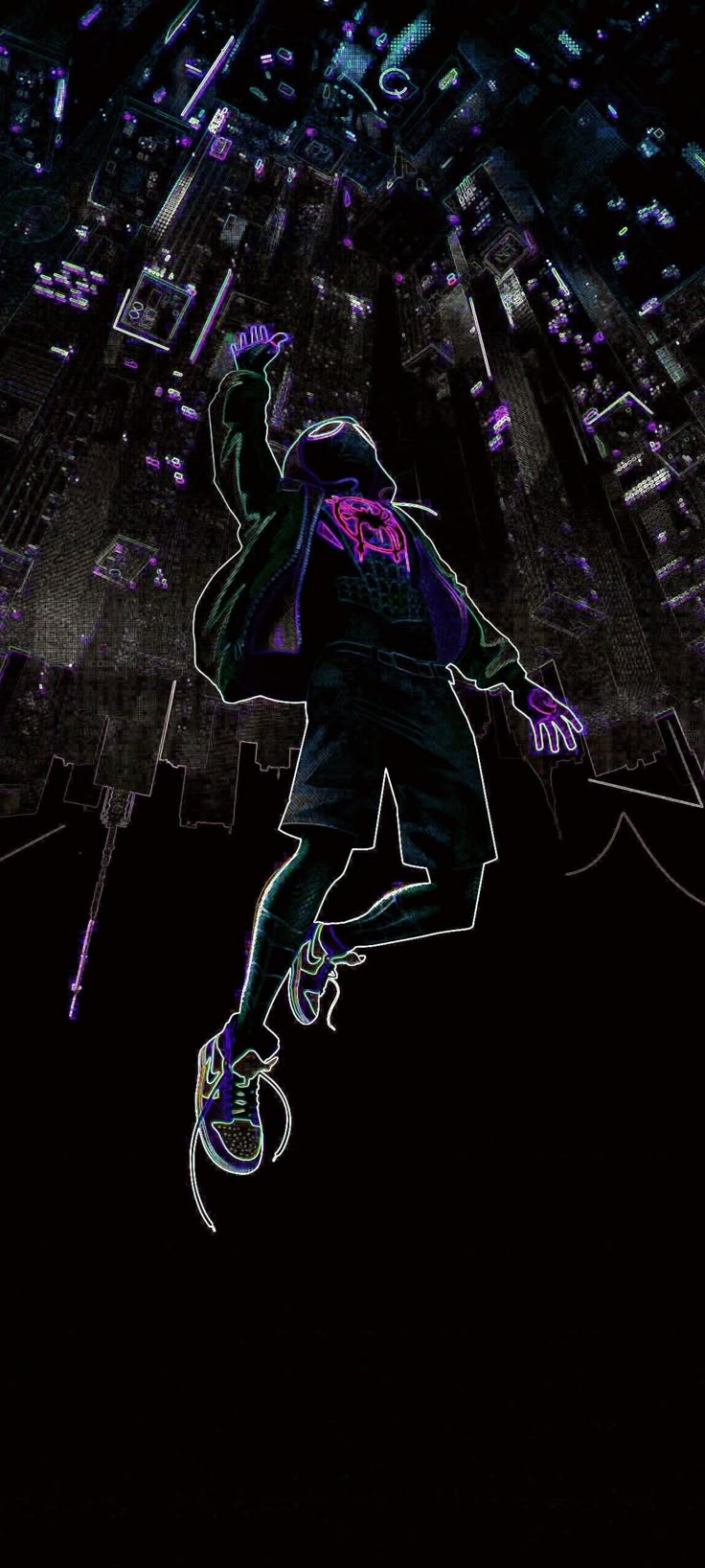 a man riding a skateboard on top of a black ground with neon lights in the background