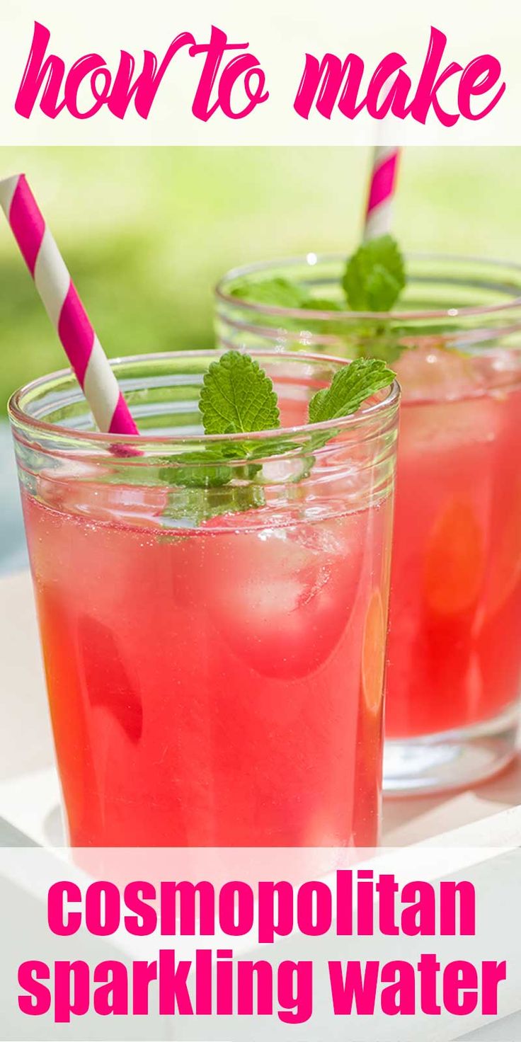 two glasses filled with watermelon and mint on top of a white plate