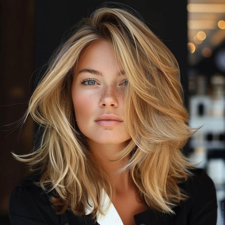 Long Hair Short Layers Choppy, Fall Blonde Hair Medium Length, Front Framing Pieces Hair, From Long To Short Hair Before And After, Half Long Haircut, Blonde Hair Inspiration Shoulder Length, Blonde Layered Hair Medium, Over 40 Hairstyles Medium, Blonde Collar Bone Length Hair