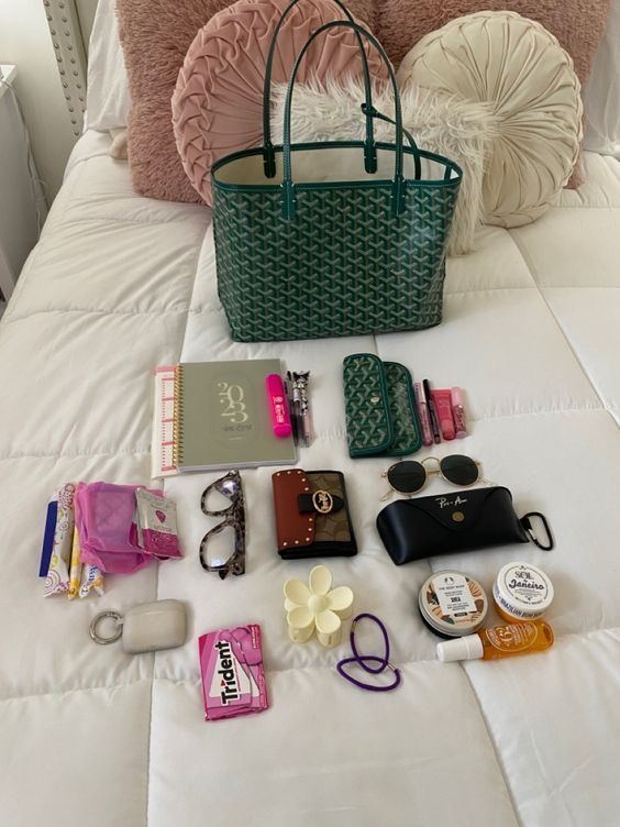 Small Goyard Tote, Totes For College, Green Goyard Bag Outfit, Goyard Tote Bag Outfit, Green Goyard Aesthetic, Tote Bag School Aesthetic, Compression Bags For Travel, What's In My Travel Bag, Essential Bags For Women