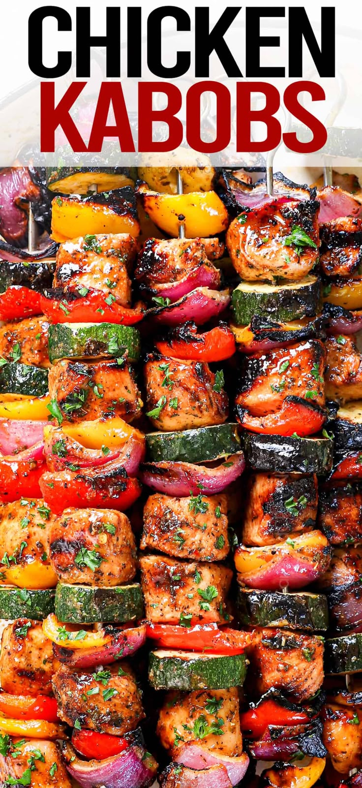 chicken kabobs stacked on top of each other with text overlay that reads how to cook chicken kabobs