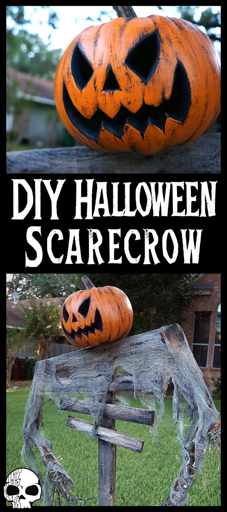 two pumpkins sitting on top of a wooden fence with the words diy halloween scarecrow