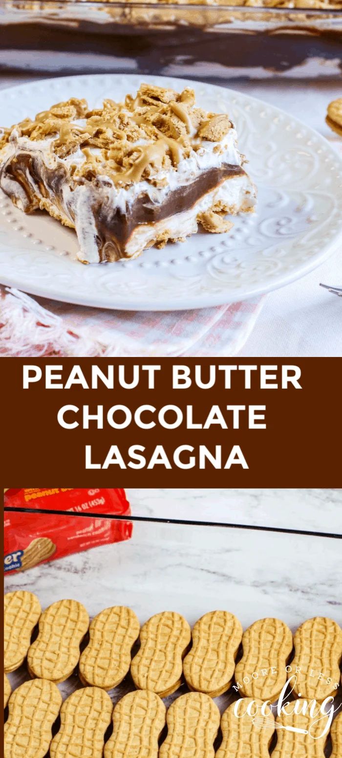 the peanut butter chocolate lasagna is on a plate and next to some cookies