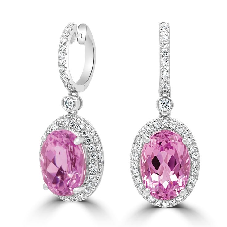 Designed of 14K white gold, these earrings are sure to be a treasured addition to your jewelry collection. Discover a unique piece of luxury style with these captivating earrings that are adorned with glittering oval cut Kunzite and further surrounded by round cut Diamonds. Product Information SKU 10352 Metal Type 14K Metal Color White Gold Primary Stone Gemstone Name Kunzite Gemstone Species Spodumene No. Of Gemstones 2 Gemstone Shape Oval Gemstone Color Pink Purple Gemstone Grade - Gemstone Cl Exquisite Oval Diamond Earrings With Accents, Dazzling Oval Diamond Earrings With Accents, Luxury Oval Diamond Earrings For Formal Events, Luxury Oval Diamond Earrings For Formal Occasions, Dazzling Oval Diamond Earrings For Anniversary, Luxury Oval Earrings For Formal Occasions, Luxury Oval Cubic Zirconia Earrings, Luxury Oval Diamond Earrings With Gemstones, Luxury Oval Diamond Earrings With Halo Design