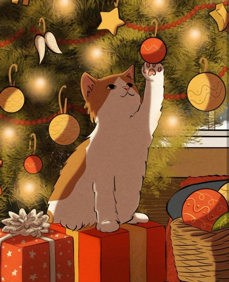 a cat sitting on top of presents in front of a christmas tree with lights and decorations