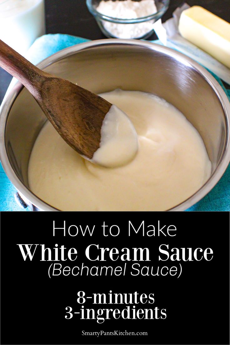 how to make white cream sauce in a pan with a wooden spoon and ingredients on the side