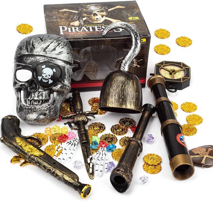 the pirate's skull is surrounded by other items